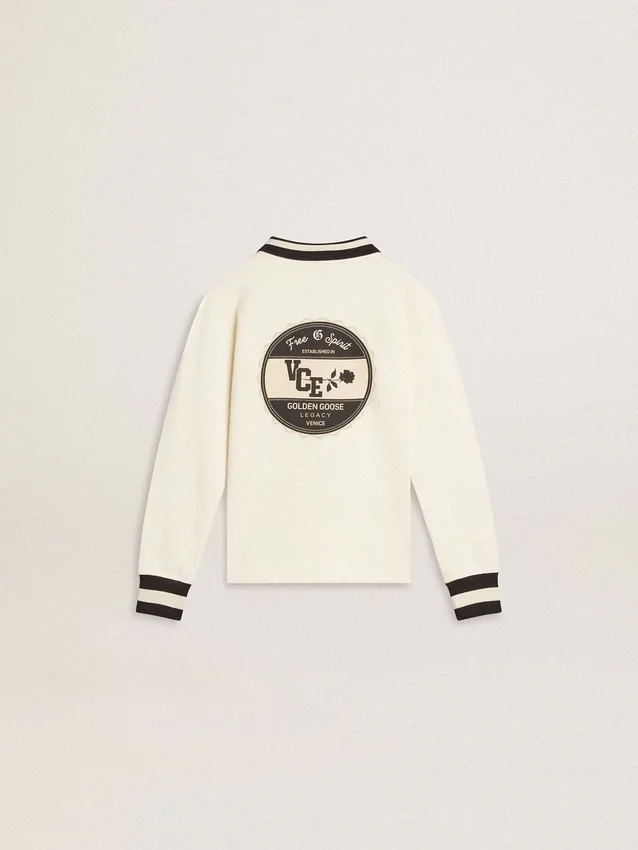 Felpa polo da bambino in cotone bianco con ricamo sul petto e stampa sul retro