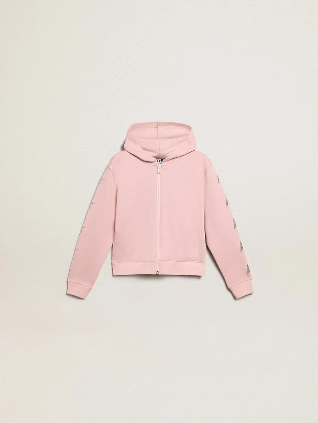 Felpa rosa con cappuccio e stelle glitterate argentate