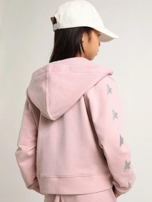 Felpa rosa con cappuccio e stelle glitterate argentate