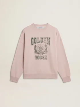 Felpa unisex a girocollo color rosa antico con logo stampato in verde