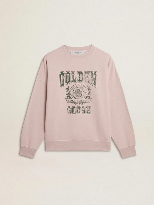 Felpa unisex a girocollo color rosa antico con logo stampato in verde