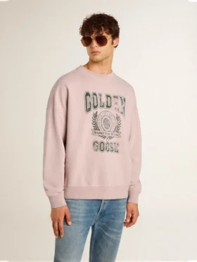 Felpa unisex a girocollo color rosa antico con logo stampato in verde