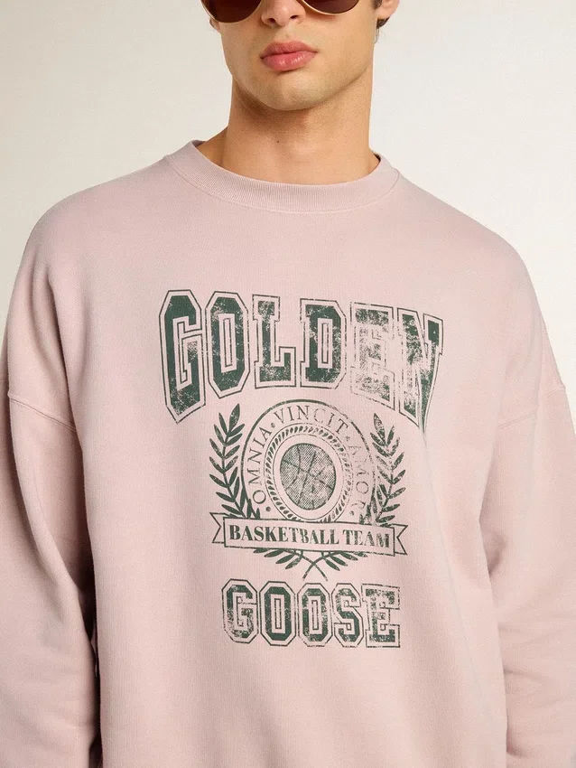 Felpa unisex a girocollo color rosa antico con logo stampato in verde