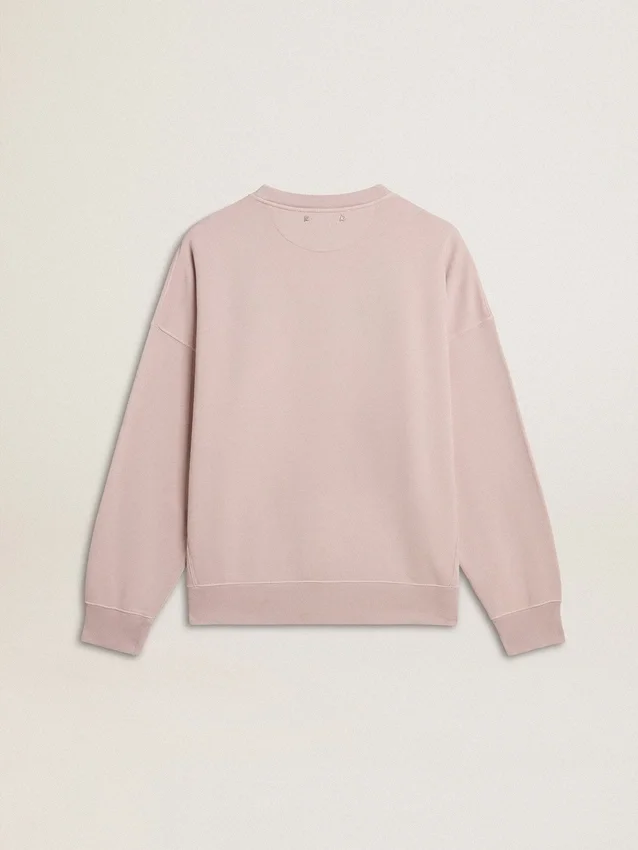 Felpa unisex a girocollo color rosa antico con logo stampato in verde