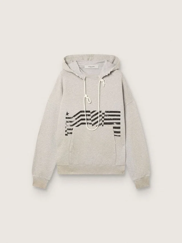 Felpa unisex con cappuccio in cotone grigio con stampa bandiera vintage