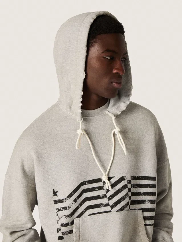 Felpa unisex con cappuccio in cotone grigio con stampa bandiera vintage
