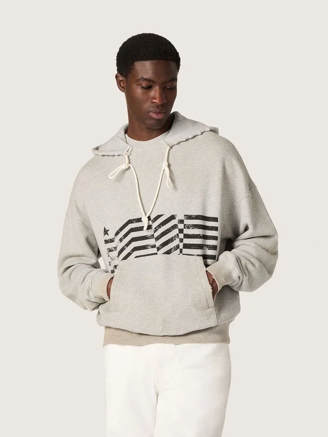Felpa unisex con cappuccio in cotone grigio con stampa bandiera vintage