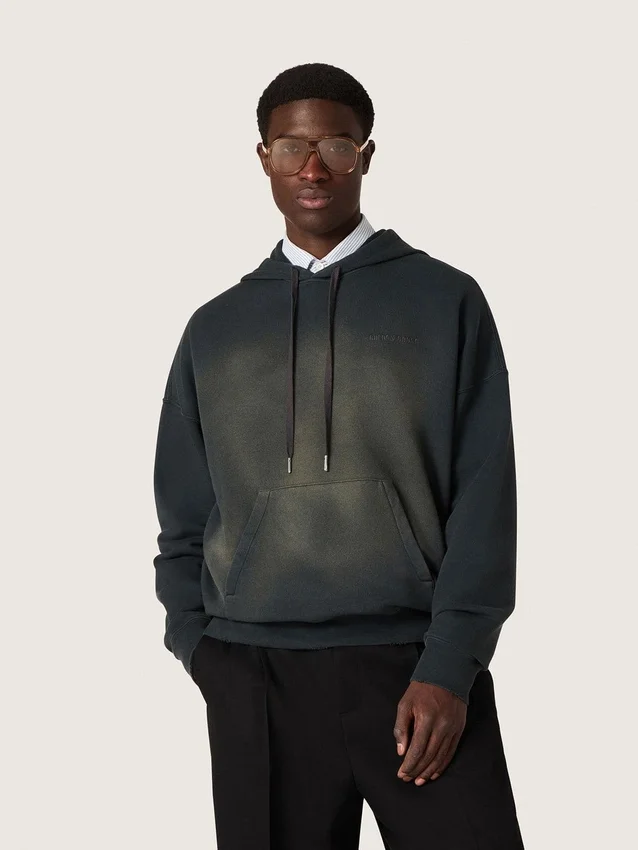 Felpa unisex con cappuccio in cotone nero con effetto sbiancato