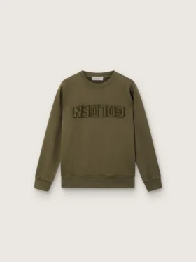 Felpa unisex dorata in cotone verde militare con logo rovesciato