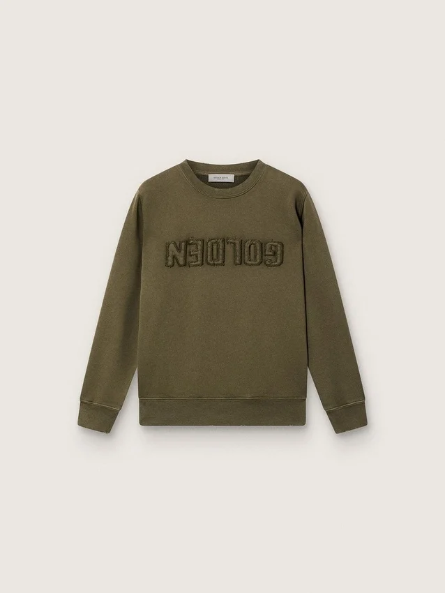 Felpa unisex dorata in cotone verde militare con logo rovesciato