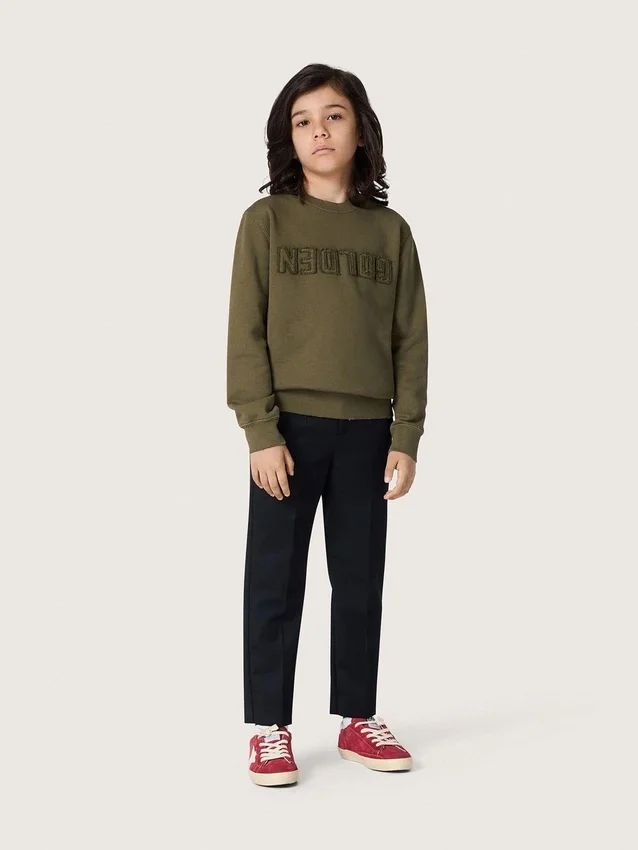 Felpa unisex dorata in cotone verde militare con logo rovesciato