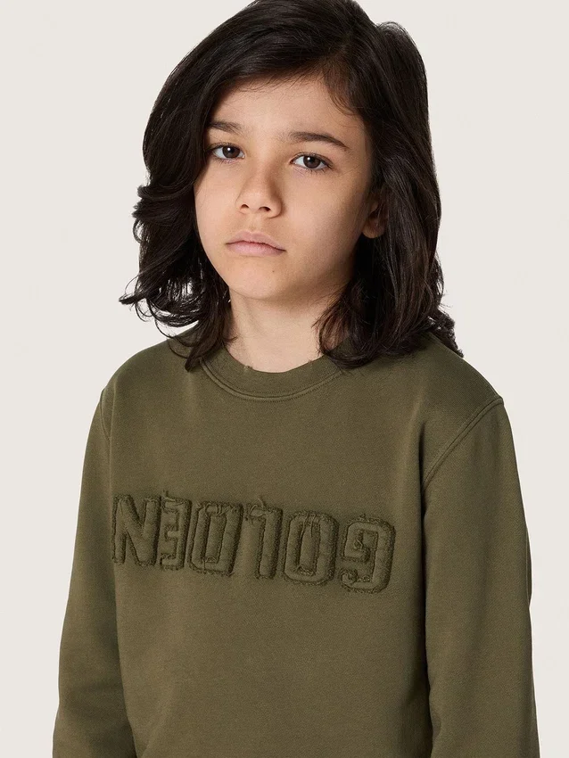 Felpa unisex dorata in cotone verde militare con logo rovesciato