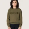 Felpa unisex dorata in cotone verde militare con logo rovesciato