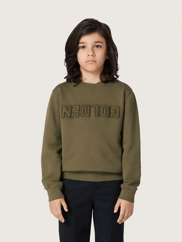 Felpa unisex dorata in cotone verde militare con logo rovesciato