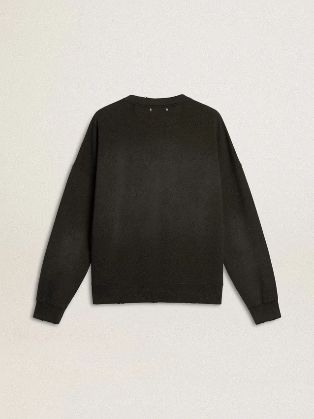 Felpa unisex in cotone nero effetto consumato con logo ricamato