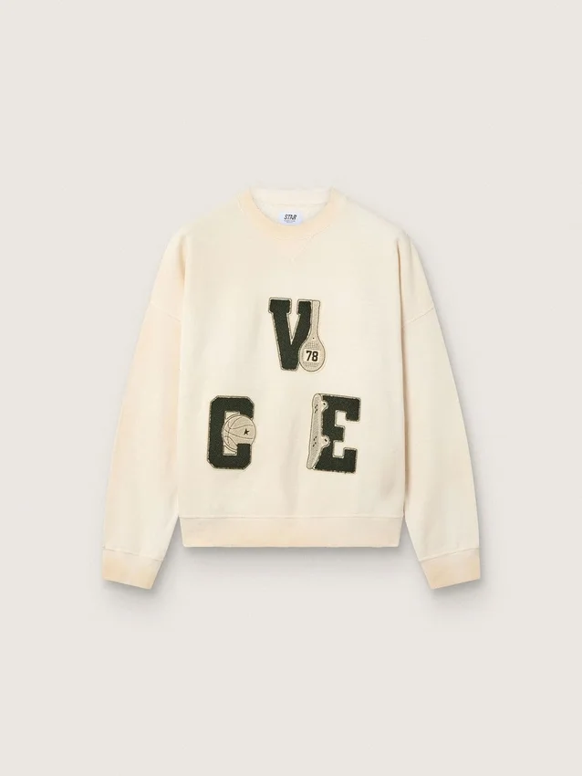 Felpa unisex in cotone Star in bianco vintage con toppe ricamate VCE