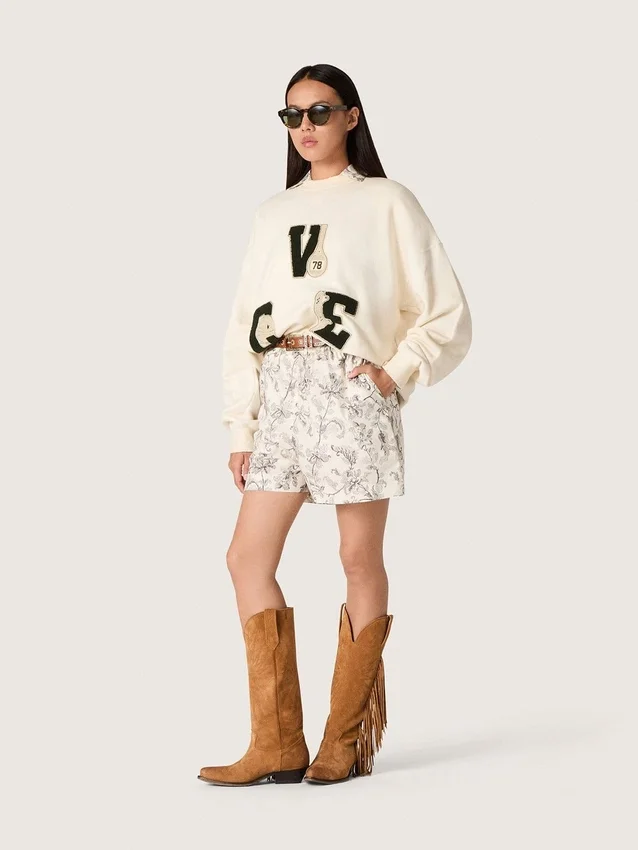 Camicia da donna squadrata in cotone con stampa floreale in bianco e nero