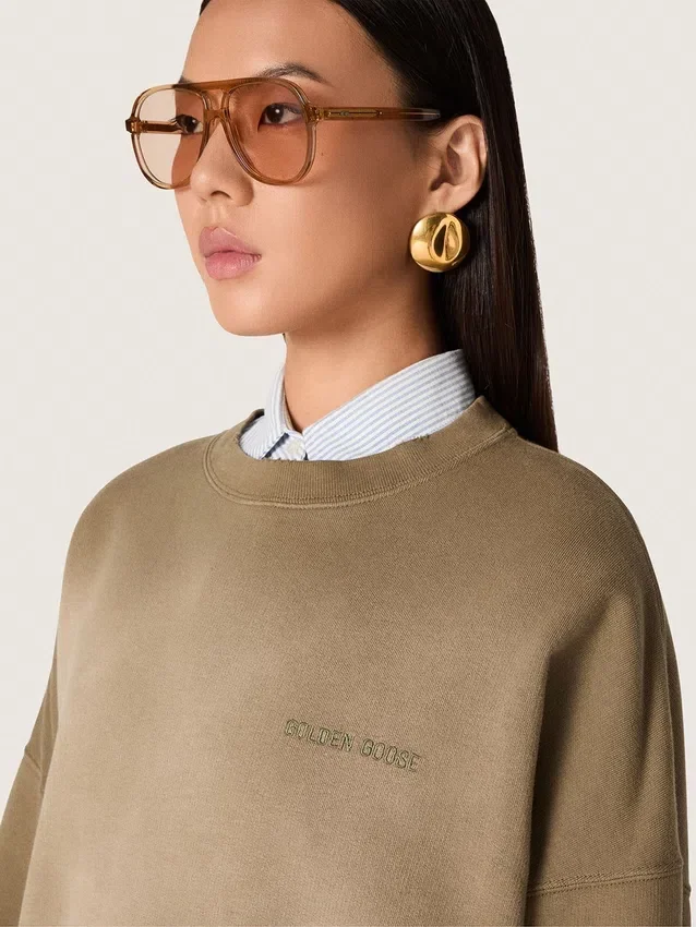 Felpa unisex in cotone verde militare effetto sbiancato con logo ricamato