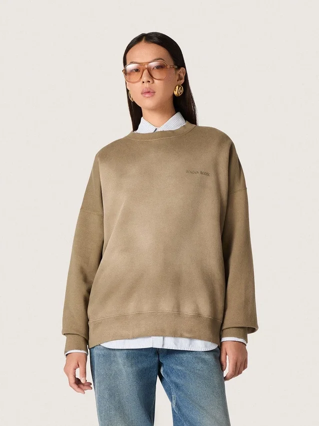 Felpa unisex in cotone verde militare effetto sbiancato con logo ricamato
