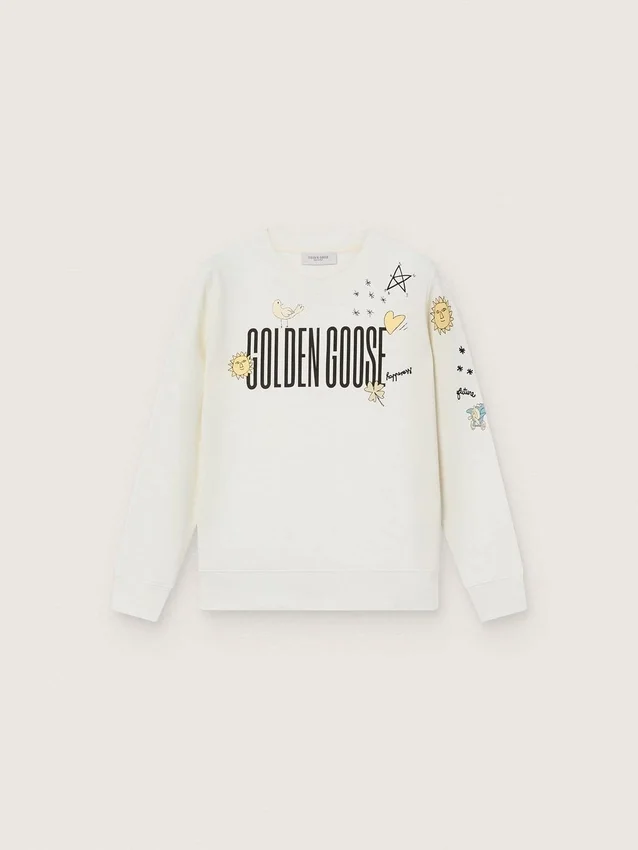 Felpa unisex Journey in misto cotone bianco con stampa doodle