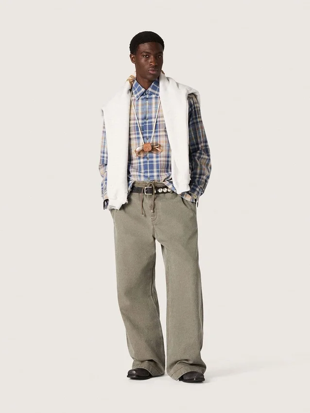 Camicia da uomo oversize in cotone a quadri indaco e beige