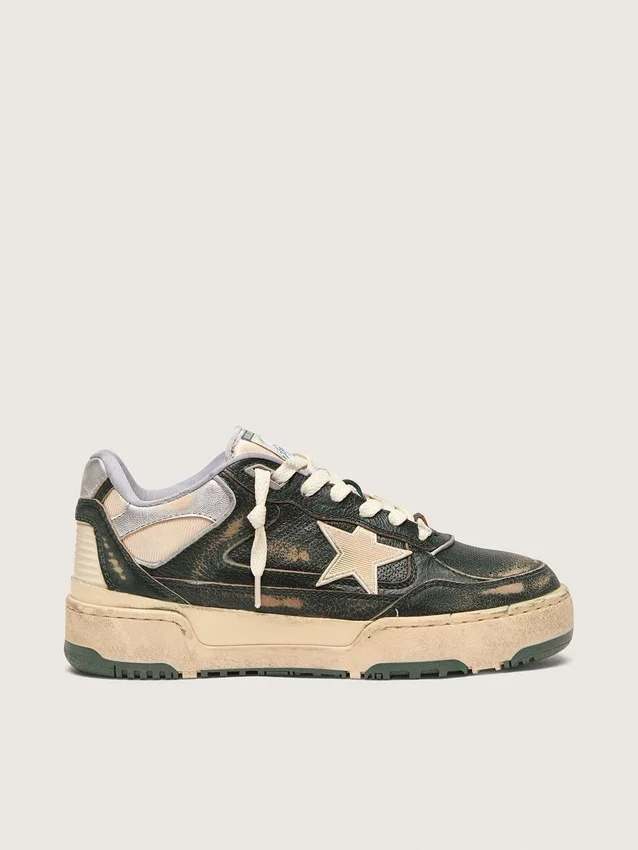 Forty2 da uomo in pelle verde e nylon color crema con stella in TPU e linguetta sul tallone in pelle argentata