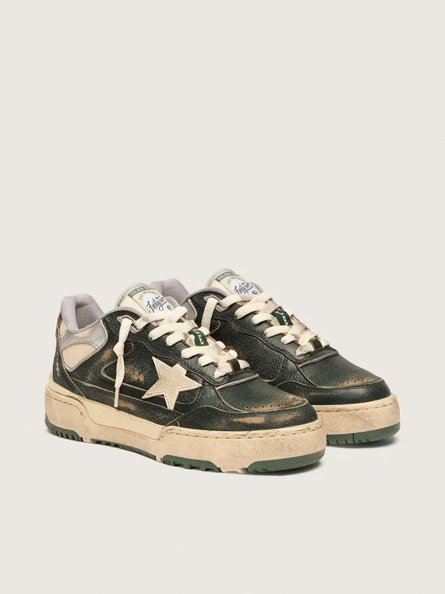 Forty2 da uomo in pelle verde e nylon color crema con stella in TPU e linguetta sul tallone in pelle argentata