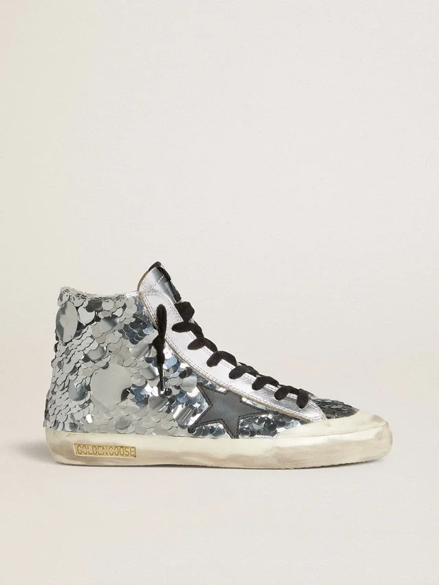 Francy da donna in nylon con paillettes argentate su tutta la superficie e stella in pelle nera