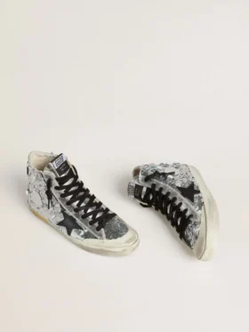 Francy da donna in nylon con paillettes argentate su tutta la superficie e stella in pelle nera