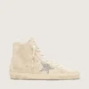 Francy da donna in pelle scamosciata beige con stella glitterata argento