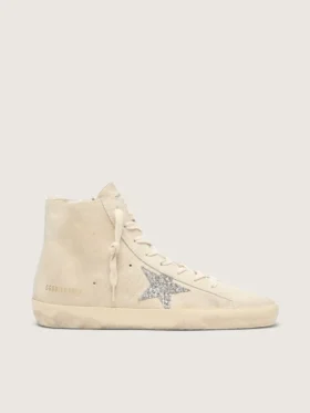 Francy da donna in pelle scamosciata beige con stella glitterata argento
