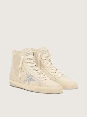 Francy da donna in pelle scamosciata beige con stella glitterata argento