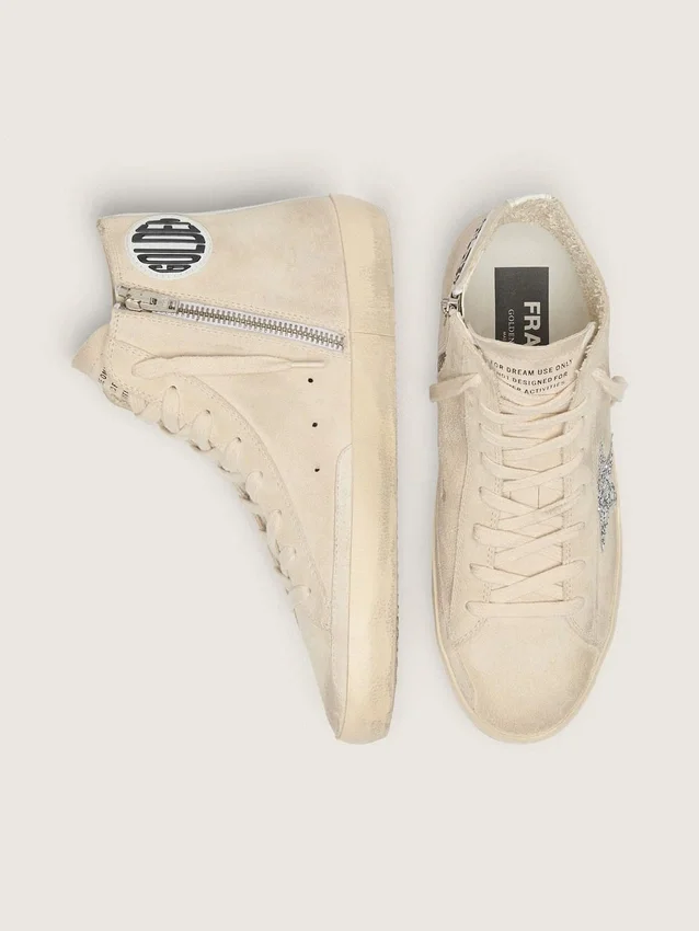 Francy da donna in pelle scamosciata beige con stella glitterata argento