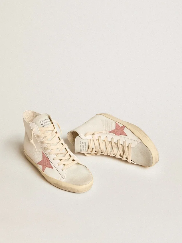Francy in nappa color crema con stella in pelle con stampa coccodrillo rosa