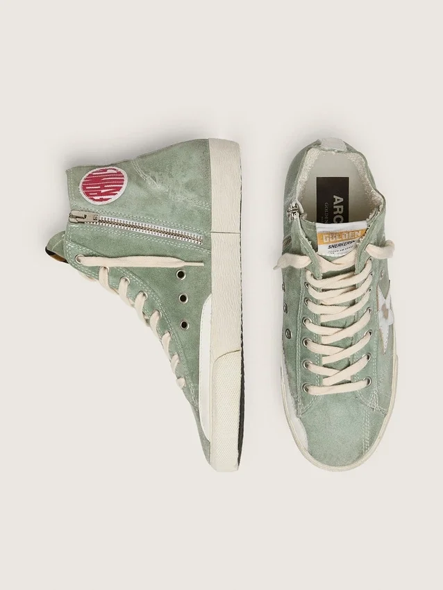 Francy in pelle scamosciata verde con stella in pelle metallizzata argento
