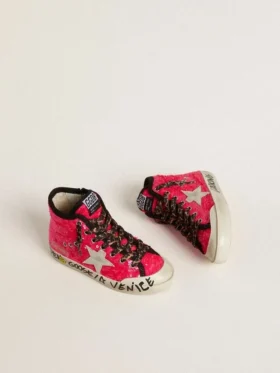 Francy Junior con paillettes, stella in pelle scamosciata grigio ghiaccio e lacci con stampa animalier