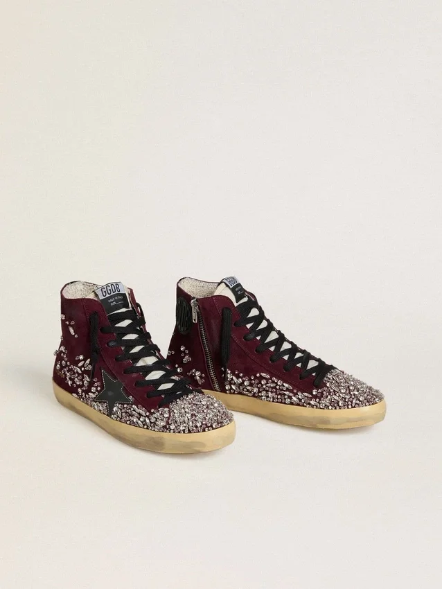 Francy LAB da donna in pelle scamosciata bordeaux con stella in pelle nera lucida e strass