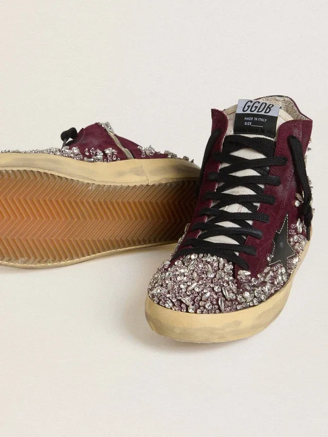 Francy LAB da donna in pelle scamosciata bordeaux con stella in pelle nera lucida e strass