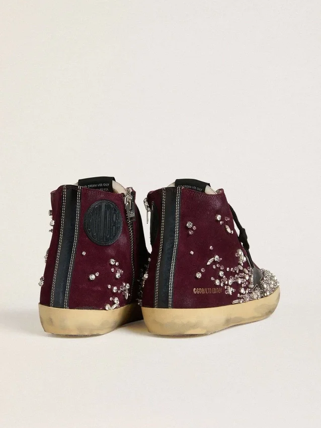 Francy LAB da donna in pelle scamosciata bordeaux con stella in pelle nera lucida e strass