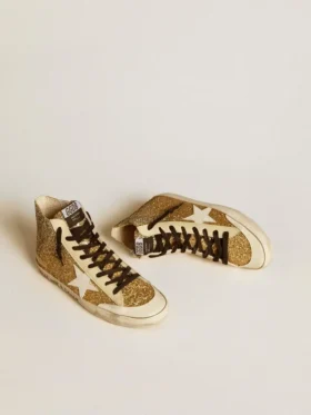 Francy Penstar in glitter dorato con stella in pelle bianca