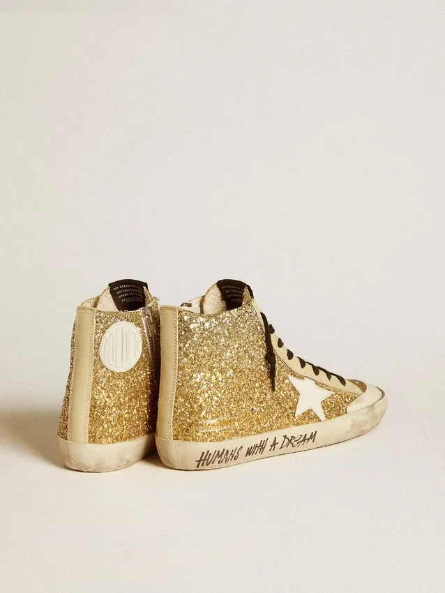 Francy Penstar in glitter dorato con stella in pelle bianca