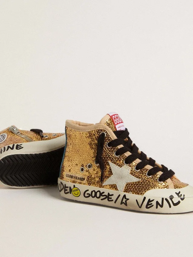 Francy Penstar Junior con paillettes dorate e stella in pelle scamosciata grigio ghiaccio