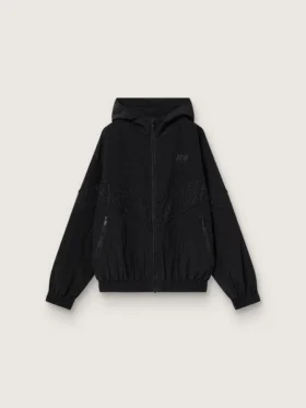 Giacca a vento da donna in nylon nero con cristalli tono su tono