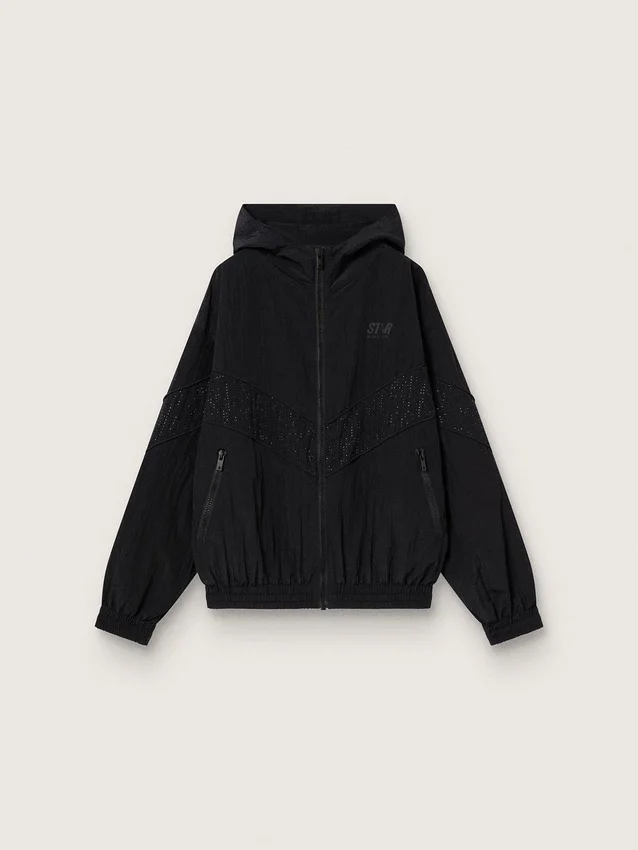 Giacca a vento da donna in nylon nero con cristalli tono su tono