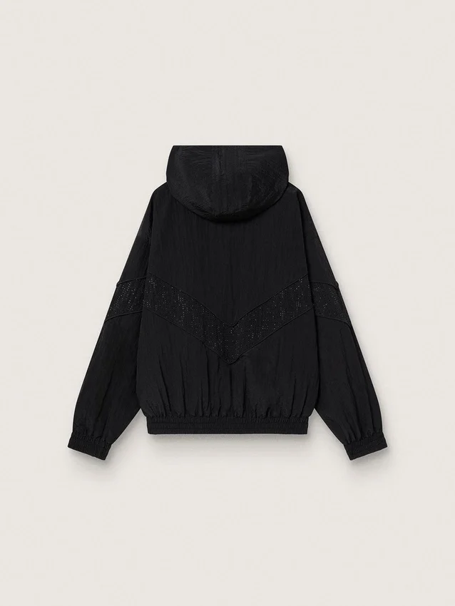 Giacca a vento da donna in nylon nero con cristalli tono su tono