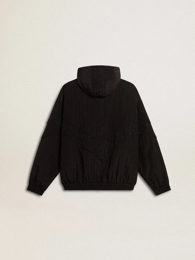 Giacca a vento da donna in nylon nero con cristalli tono su tono