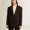 Giacca blazer da donna in misto lana blu scuro
