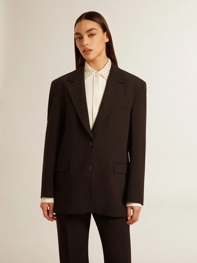 Giacca blazer da donna in misto lana blu scuro