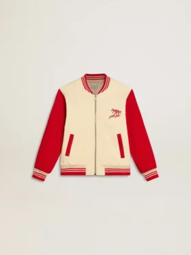 Giacca bomber da bambino in cotone beige e rosso con ricamo sul petto