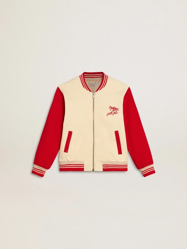 Giacca bomber da bambino in cotone beige e rosso con ricamo sul petto
